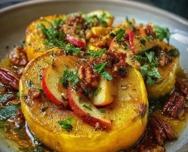 Acorn Squash with Apples 25 Acorn squash stuffed with apples and spices, ready for baking.