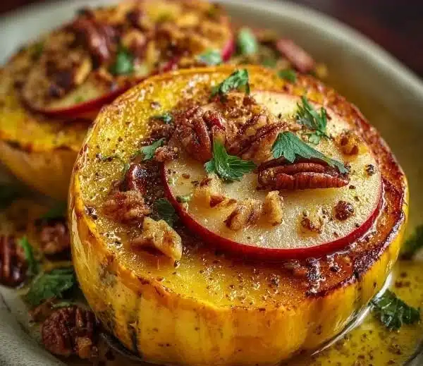 Roasted acorn squash with apples and spices served on a plate