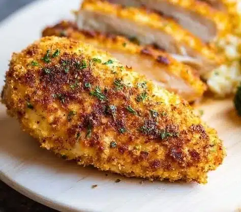 Juicy air fryer chicken breast on a plate with herbs and spices