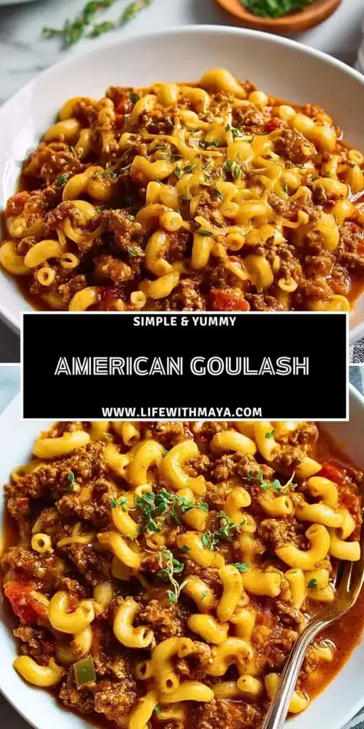 A delicious bowl of American Goulash with pasta and beef in a savory tomato sauce.