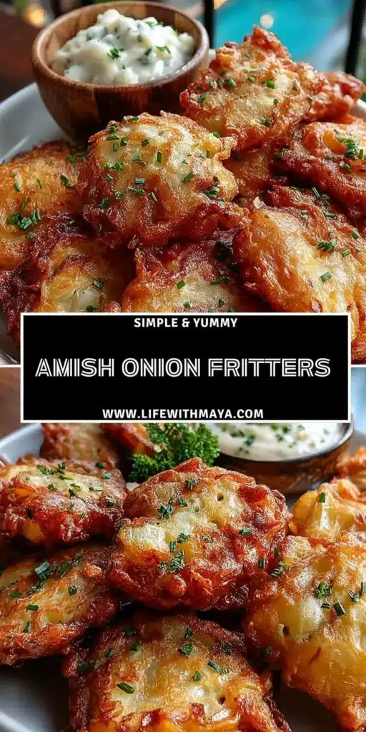 Homemade Amish onion fritters served on a plate with dipping sauce.