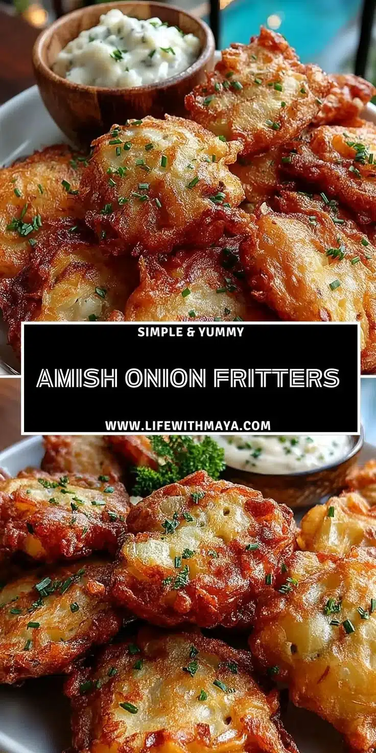 Amish Onion Fritters 20 Homemade Amish onion fritters served on a plate with dipping sauce.