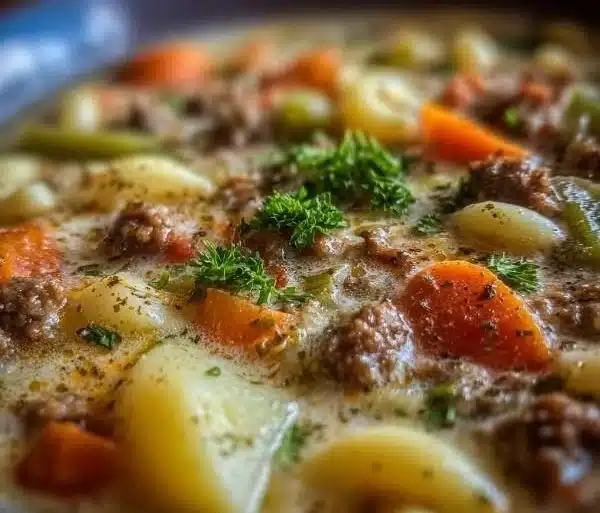 Amish Snow Day Soup 7 A bowl of hearty Amish Snow Day Soup filled with vegetables and spices