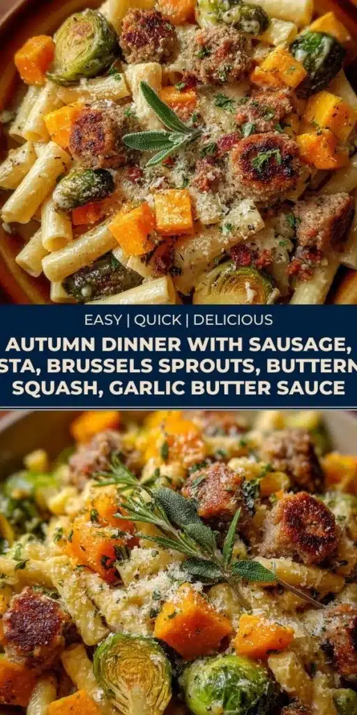 Autumn dinner featuring sausage, pasta, Brussels sprouts, and butternut squash in garlic butter sauce.
