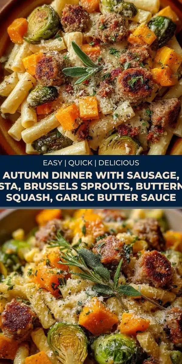 Autumn dinner featuring sausage, pasta, Brussels sprouts, and butternut squash in garlic butter sauce.