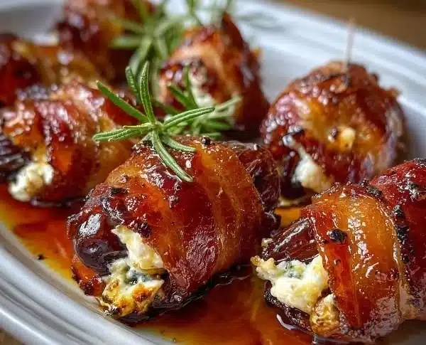 Delicious bacon wrapped dates stuffed with goat cheese and drizzled with honey