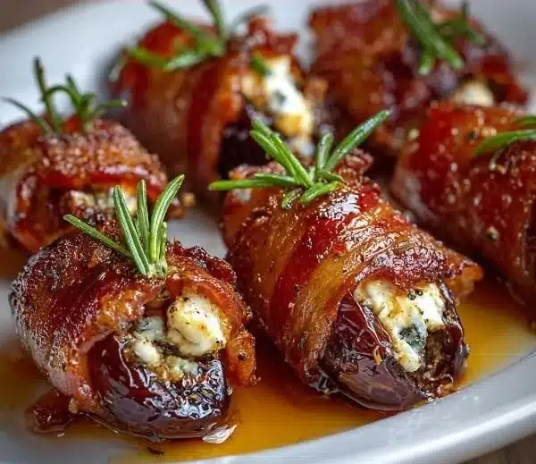 Bacon Wrapped Dates with Goat Cheese & Honey 2 Bacon wrapped dates stuffed with goat cheese and drizzled with honey on a plate