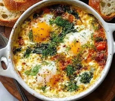 Plate of baked feta eggs topped with herbs and spices