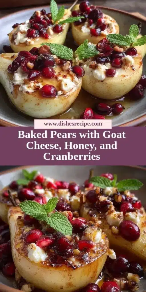 Baked pears drizzled with honey, topped with goat cheese and cranberries on a plate.
