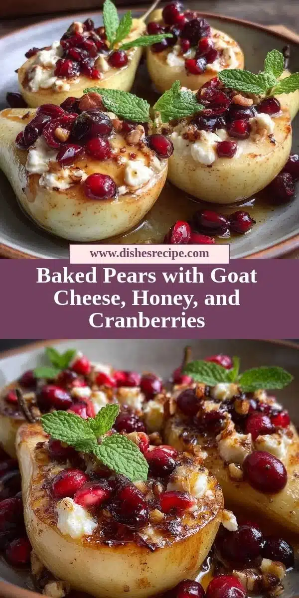 Baked Pears with Goat Cheese, Honey, and Cranberries 5 Baked pears drizzled with honey, topped with goat cheese and cranberries on a plate.