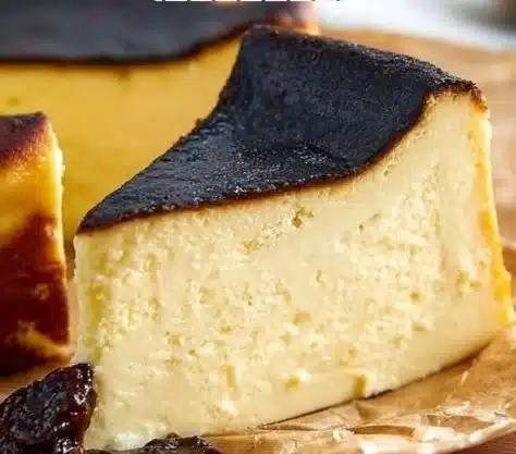 Slice of delicious Basque Burnt Cheesecake on a plate