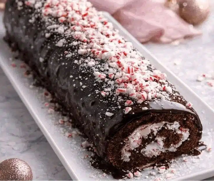Best Christmas Peppermint Roll Cake decorated with festive toppings