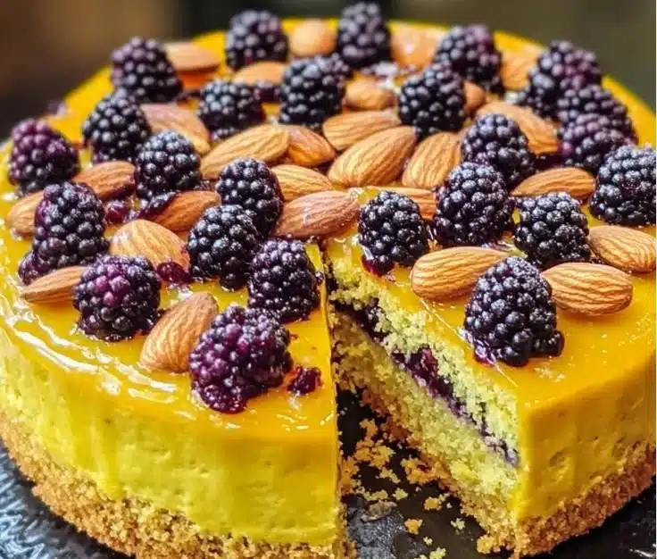 Delicious Blackberry Almond Cake topped with lemon glaze and fresh blackberries