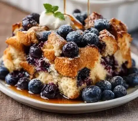 Delicious Blueberry French Toast Casserole served warm on a plate.