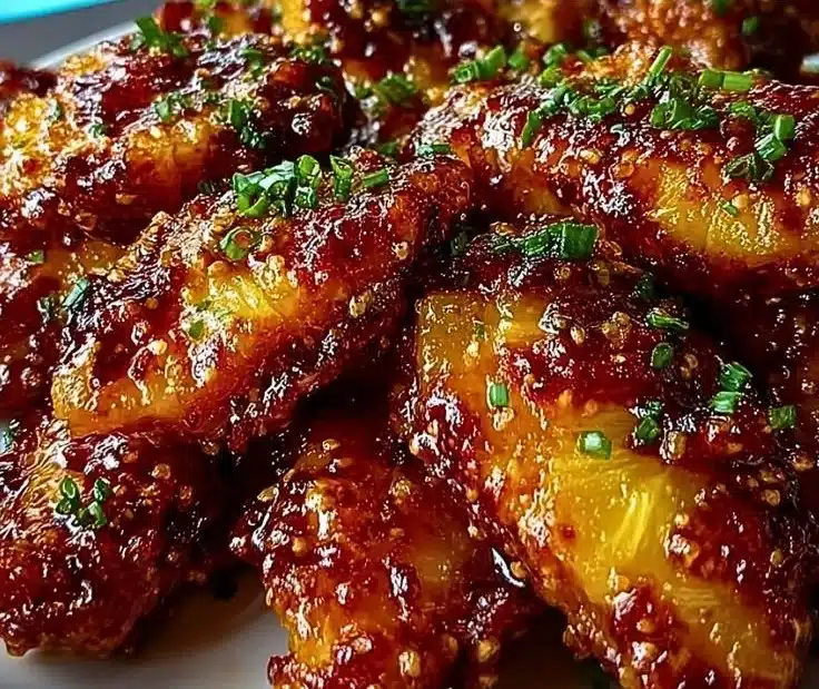 Brown sugar pineapple wings garnished with herbs on a platter