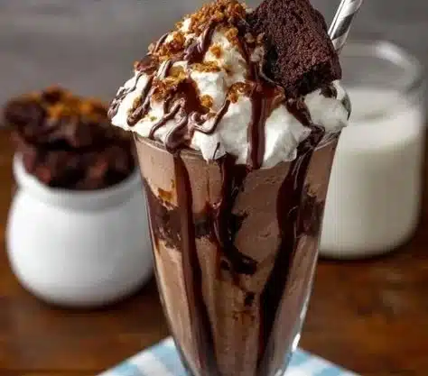 Creamy brownie milkshake topped with whipped cream and chocolate drizzle