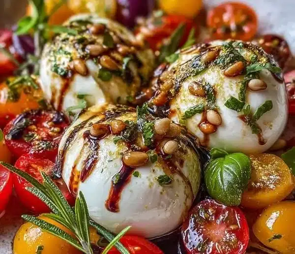 Burrata Christmas ornament appetizer, festive holiday starter.