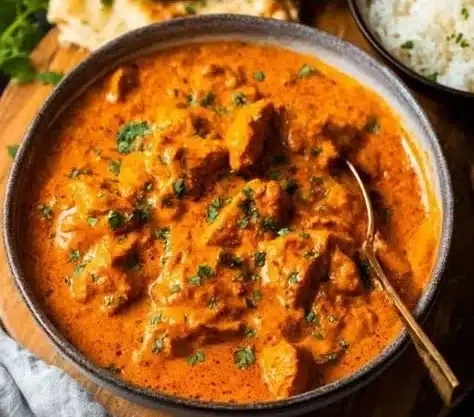 Delicious butter chicken curry served with rice and naan