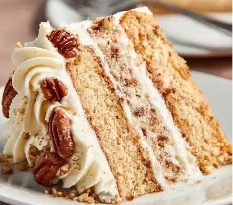 Deliciously moist Butter Pecan Cake topped with crunchy pecans and creamy frosting.