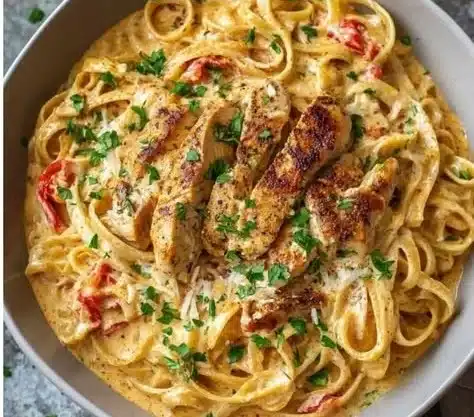 Delicious Cajun Chicken Pasta served in a bowl with fresh herbs and spices.