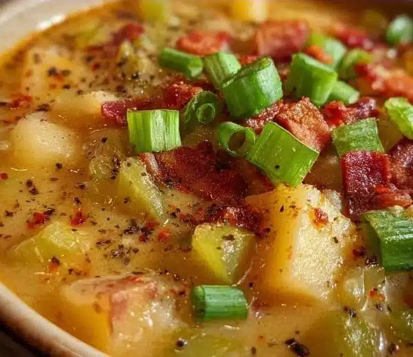 Delicious bowl of Cajun Potato Soup topped with herbs and spices