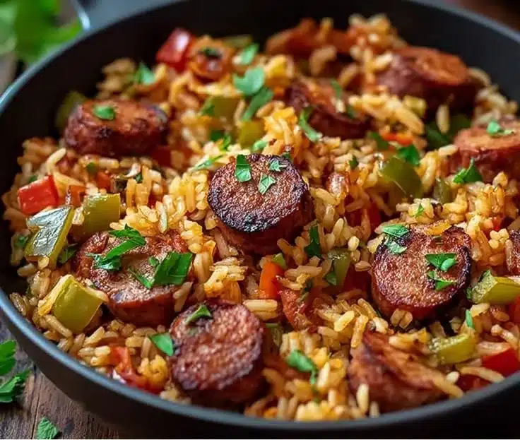 Cajun Sausage and Rice Skillet meal in a pan, garnished with green onions.