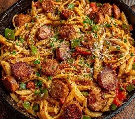 Delicious Cajun Sausage Pasta with vibrant colors and spices