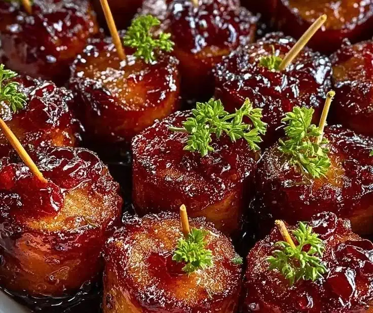 Delicious candied kielbasa bites on a serving platter