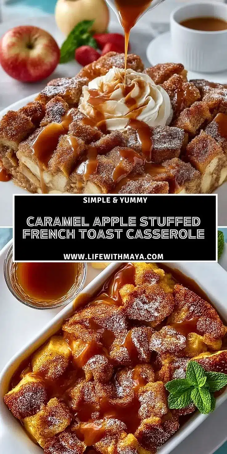 Caramel Apple Stuffed French Toast Casserole topped with syrup and apples