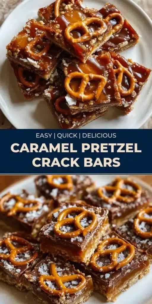 Delicious Caramel Pretzel Crack Bars topped with caramel and chocolate