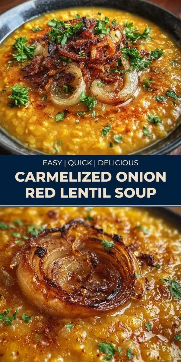 Carmelized Onion Red Lentil Soup 6 A bowl of caramelized onion red lentil soup topped with herbs and spices.