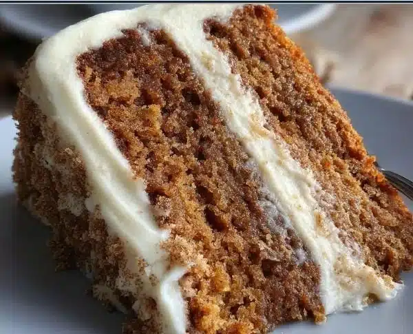 Chai spice cake with cream cheese frosting on a decorative plate