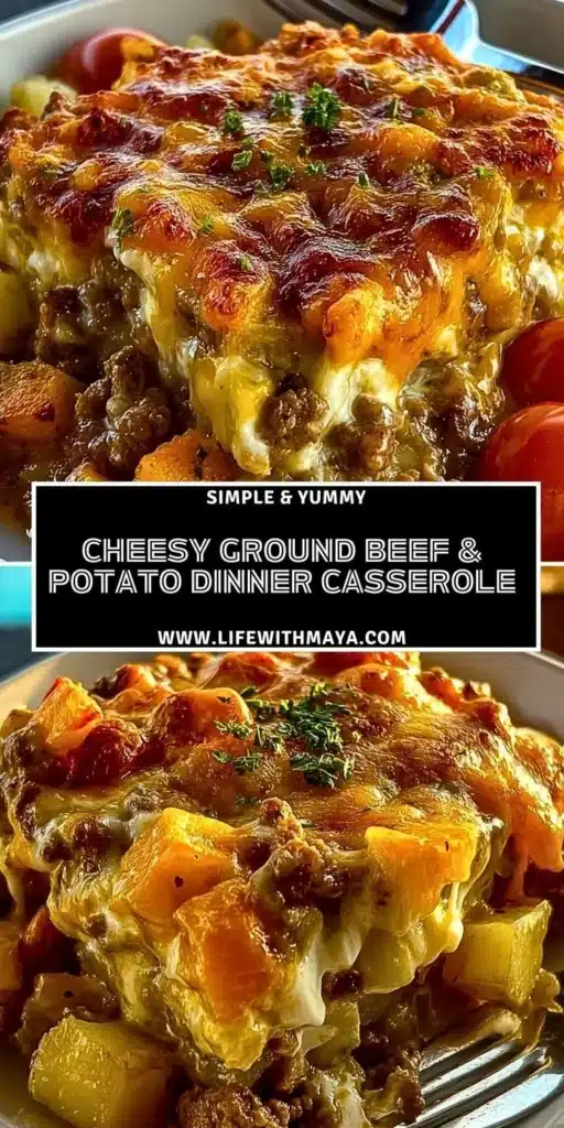 Cheesy ground beef and potato casserole in a baking dish