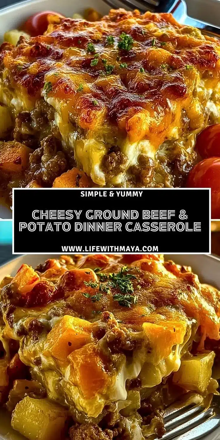 Cheesy ground beef and potato casserole in a baking dish