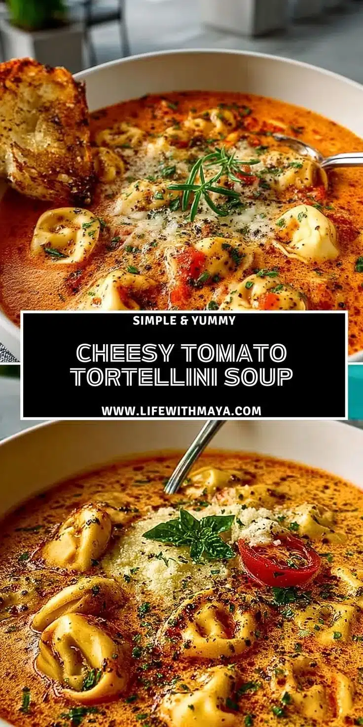 Bowl of creamy cheesy Tomato Tortellini Soup topped with basil leaves