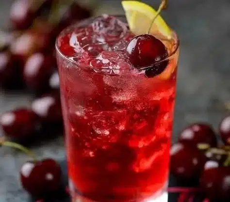 Cherry Bomb cocktail served in a vibrant glass with cherries and ice.