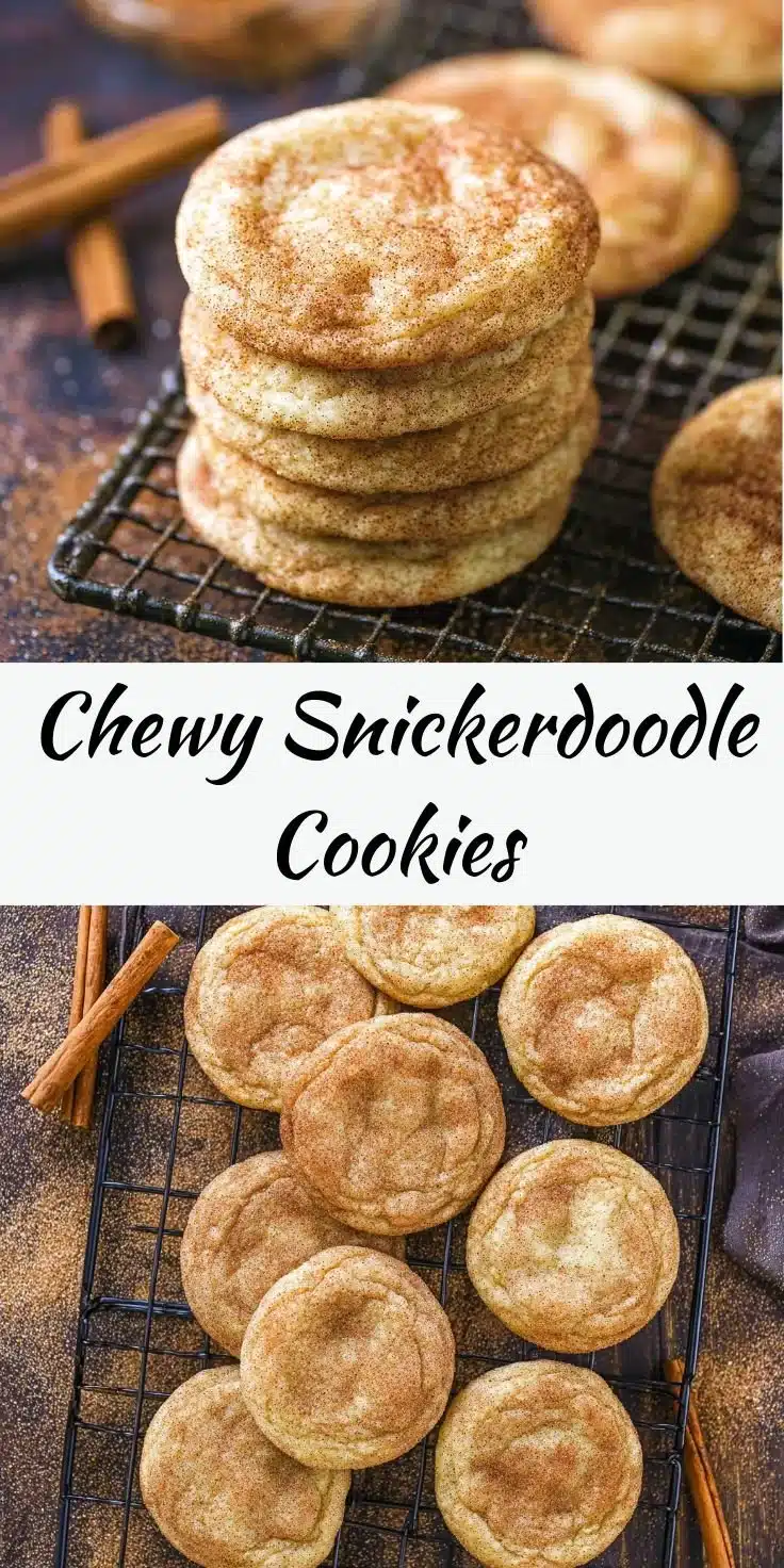 Freshly baked chewy snickerdoodle cookies with a soft texture, perfect holiday treat