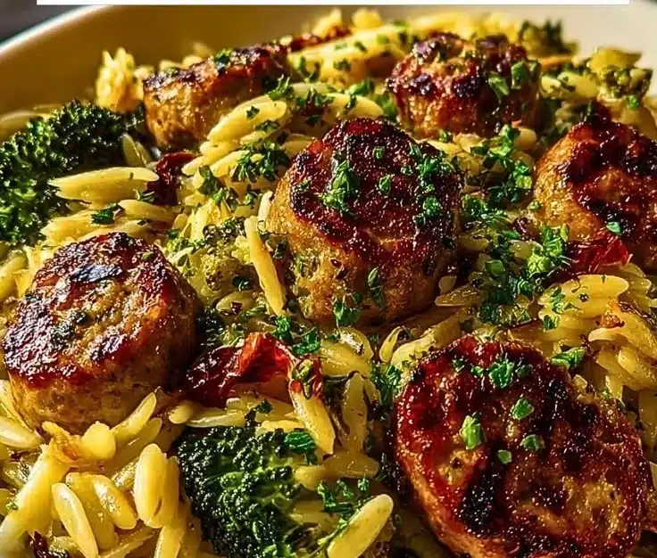 Chicken sausage and broccoli orzo served in a bowl for a healthy dinner.