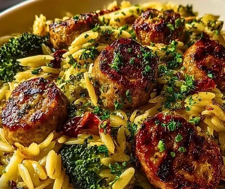 Delicious Chicken Sausage and Broccoli Orzo served in a bowl