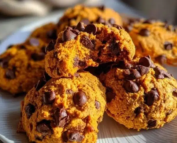Gluten free pumpkin cookies with chocolate chips on a plate