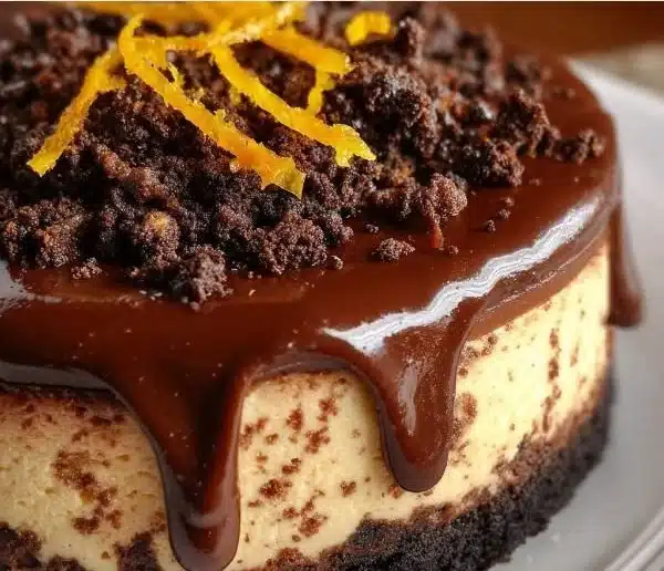 Delicious slice of Chocolate Orange Cheesecake topped with orange zest