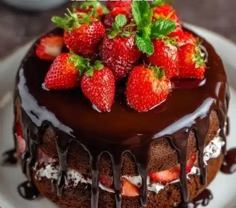 Decadent Chocolate Strawberry Cake with fresh strawberries and chocolate frosting.