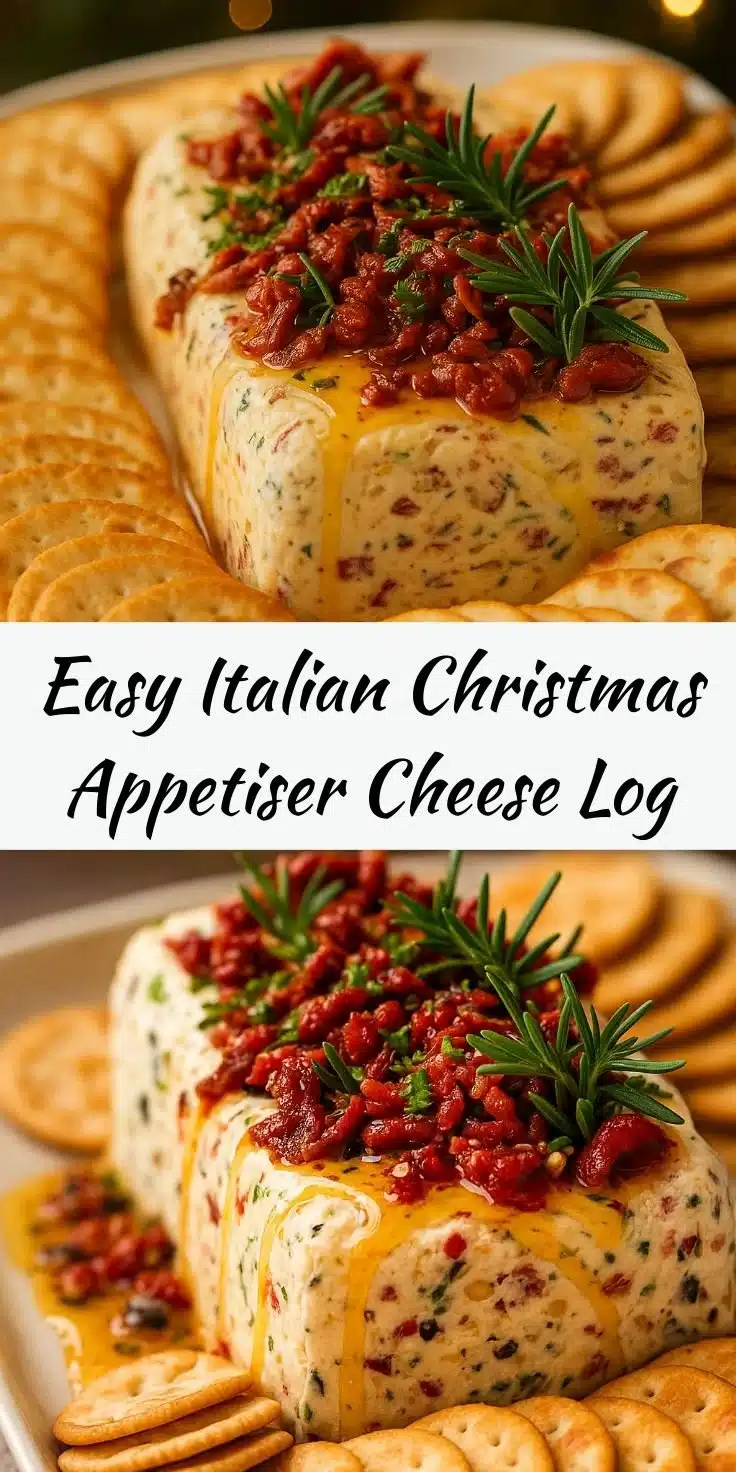 Easy Italian cheese log garnished with herbs, perfect for Christmas appetizers.