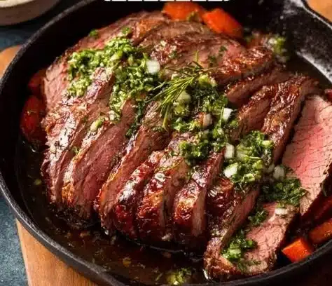 Deliciously cooked Chuck Roast with vegetables on a rustic wooden table