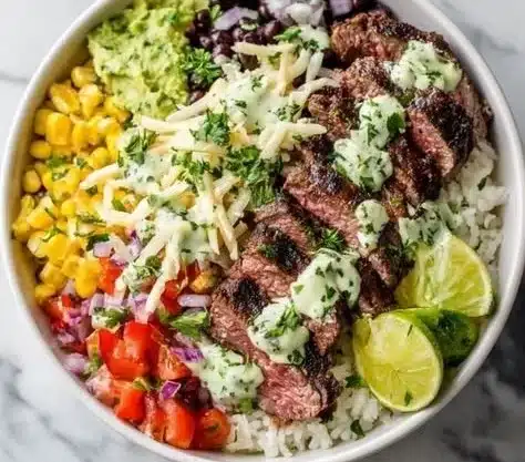 Cilantro lime steak bowls topped with fresh vegetables and lime wedges.