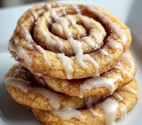Cinnamon Roll Cookies 9 Delicious cinnamon roll cookies on a plate, drizzled with icing.