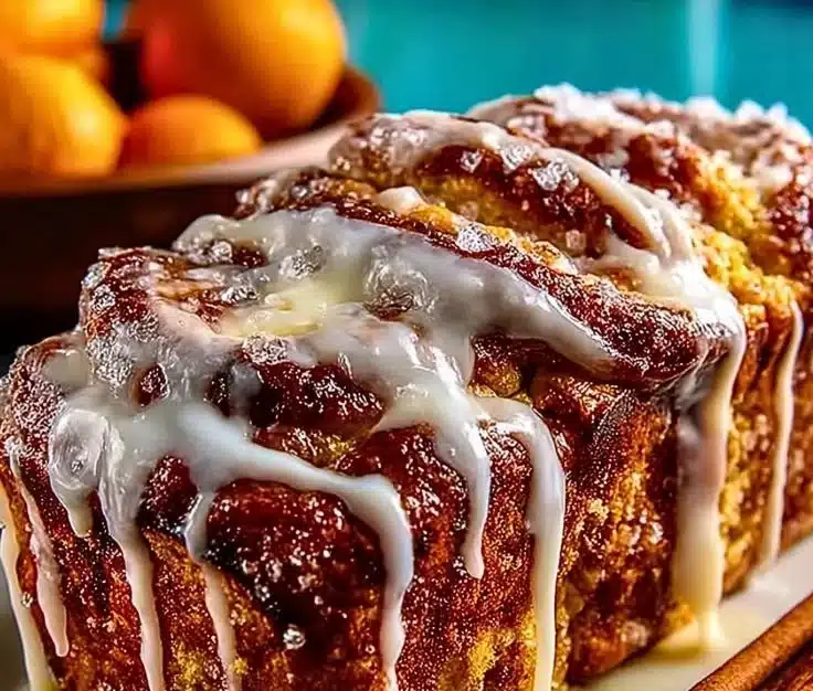 Sliced cinnamon roll pumpkin bread topped with cream cheese glaze