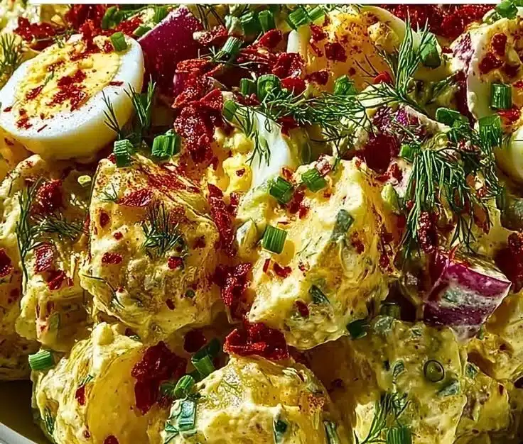 Classic American Potato Salad 16 Bowl of classic American potato salad with herbs and spices