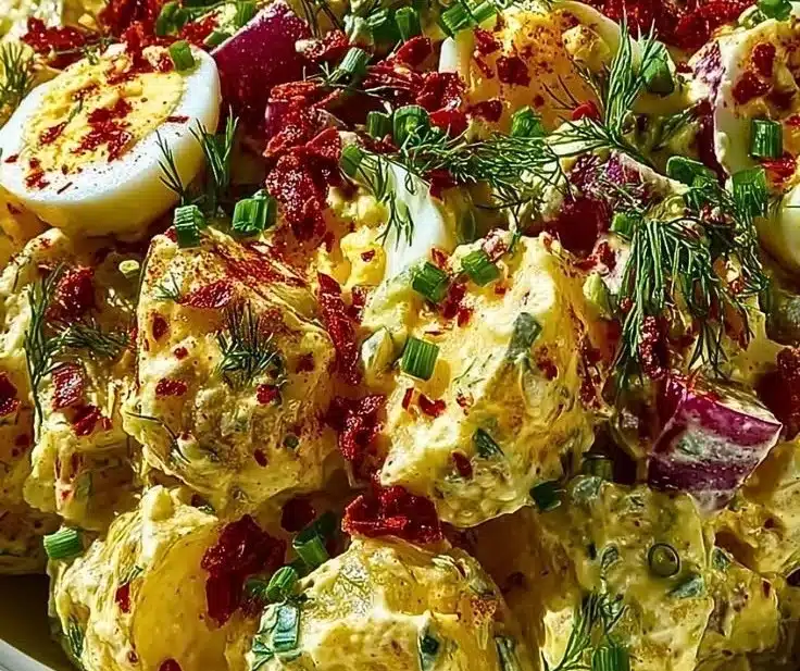 Classic American Potato Salad 6 Bowl of classic American potato salad with herbs and spices on a wooden table