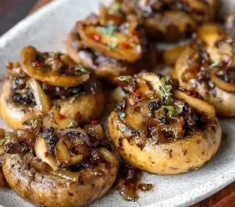 Plate of cooked cowboy mushrooms with herbs and spices